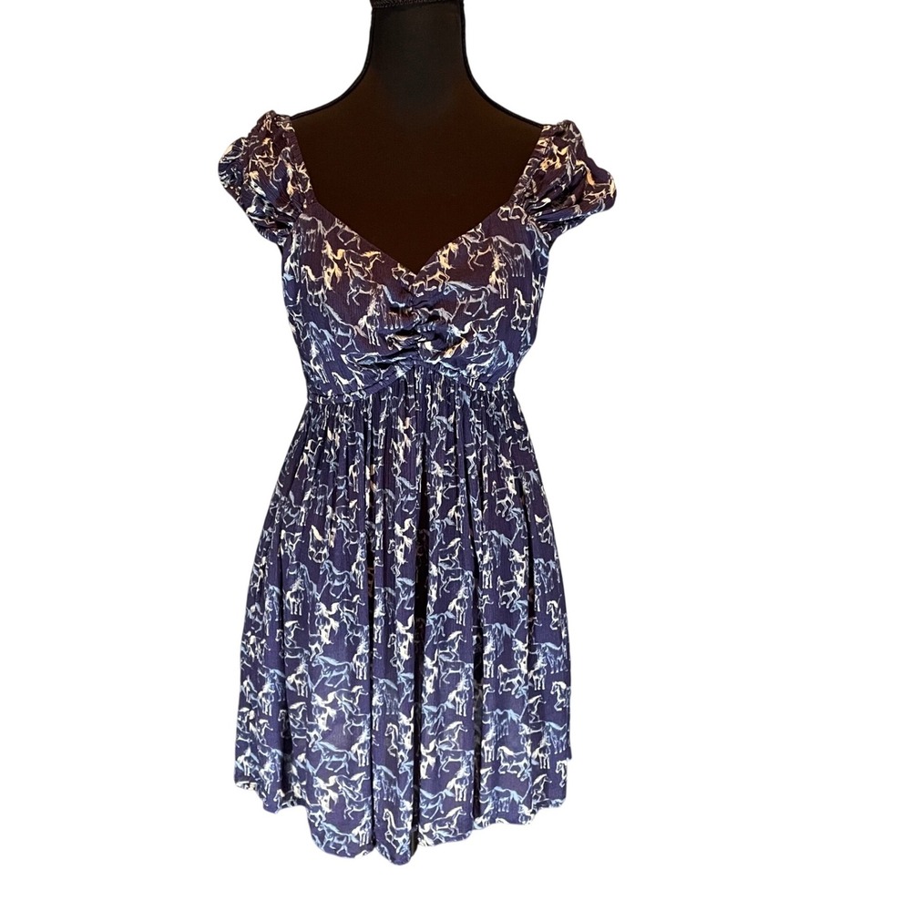 Rock & Roll Denim Womens Blue Horse Print Smocked Back Mini Dress Size M Cowgirl